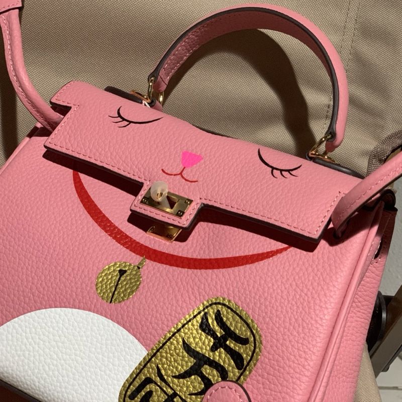 Hermes Kelly Bag with Lucky Cat Print Togo Leather Gold Hardware In Pink