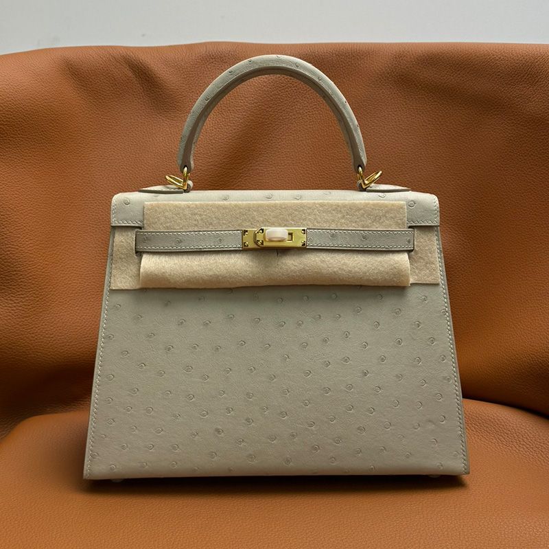 Hermes Kelly Bag Ostrich Leather Gold Hardware In Beige