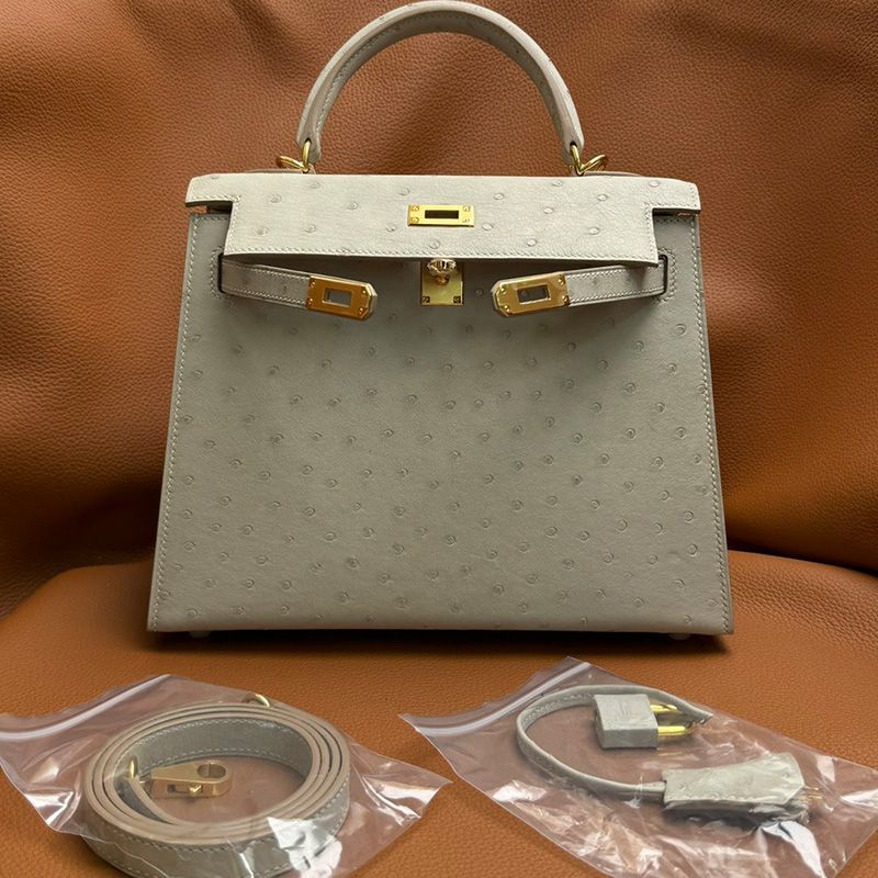 Hermes Kelly Bag Ostrich Leather Gold Hardware In Beige