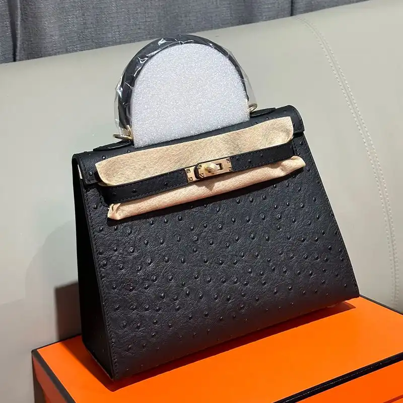 Hermes Kelly Bag Ostrich Leather Gold Hardware In Black