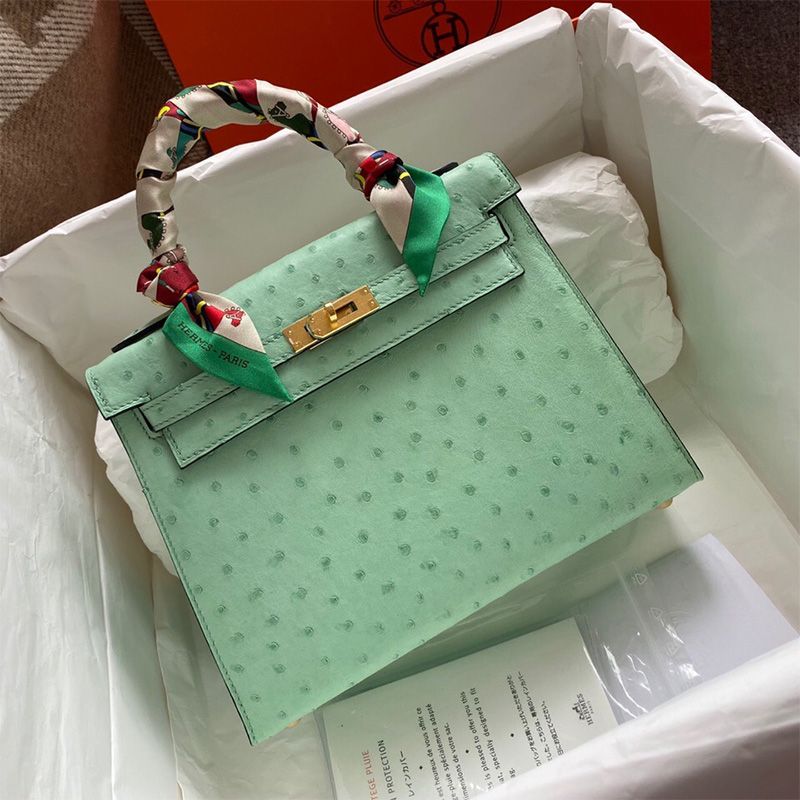 Hermes Kelly Bag Ostrich Leather Gold Hardware In Mint Green