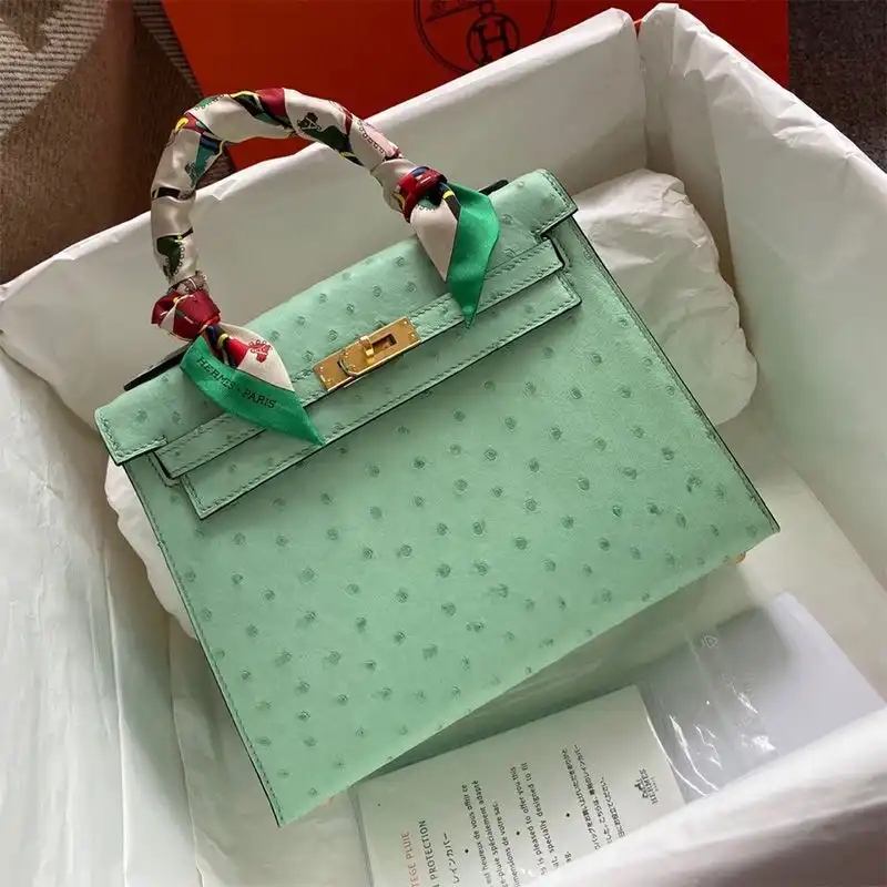 Hermes Kelly Bag Ostrich Leather Gold Hardware In Mint Green