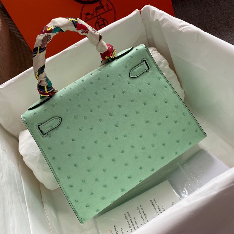 Hermes Kelly Bag Ostrich Leather Gold Hardware In Mint Green