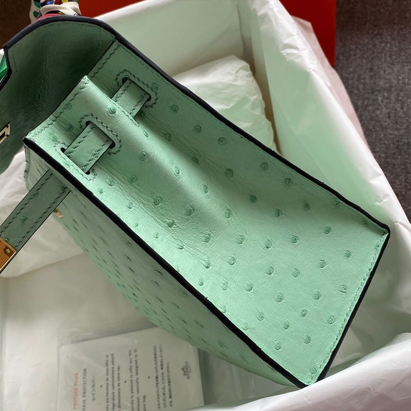 Hermes Kelly Bag Ostrich Leather Gold Hardware In Mint Green