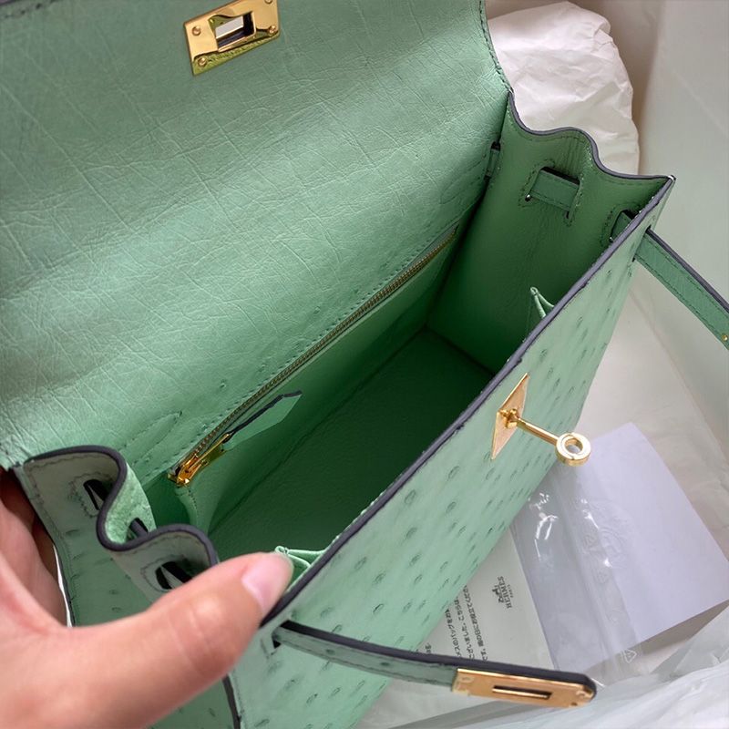 Hermes Kelly Bag Ostrich Leather Gold Hardware In Mint Green