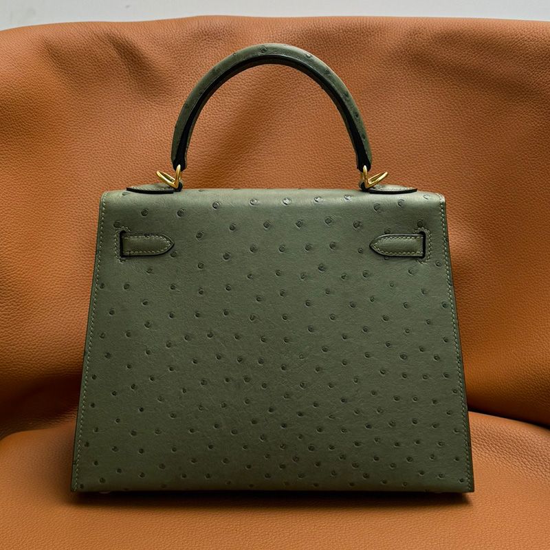 Hermes Kelly Bag Ostrich Leather Gold Hardware In Olive