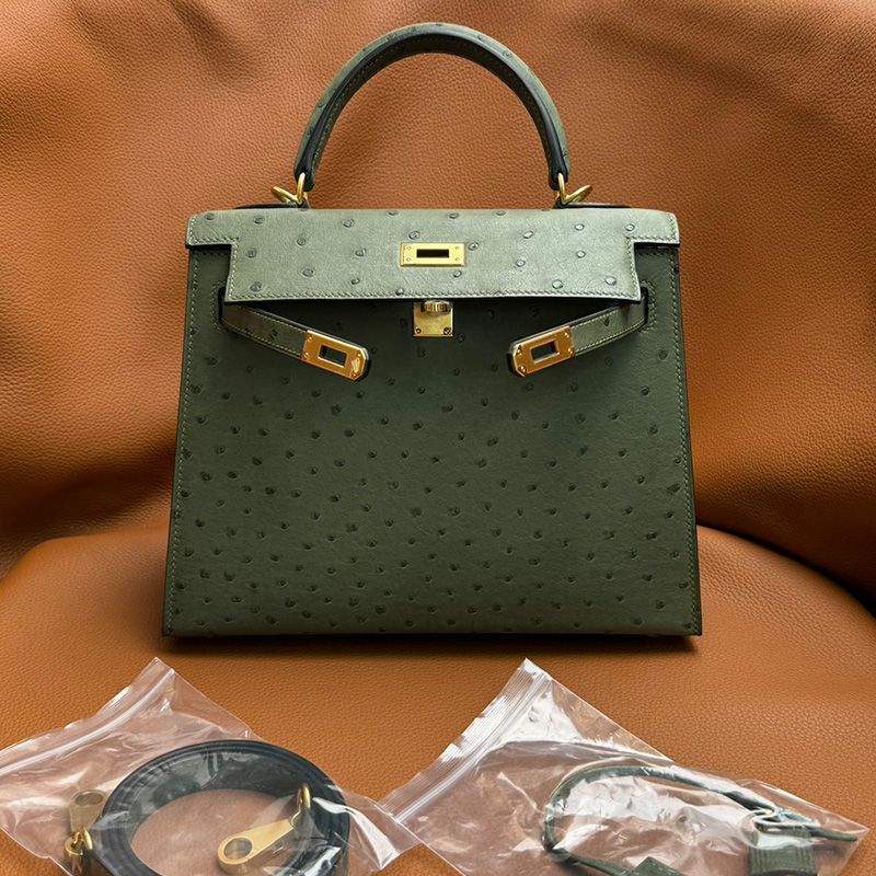 Hermes Kelly Bag Ostrich Leather Gold Hardware In Olive