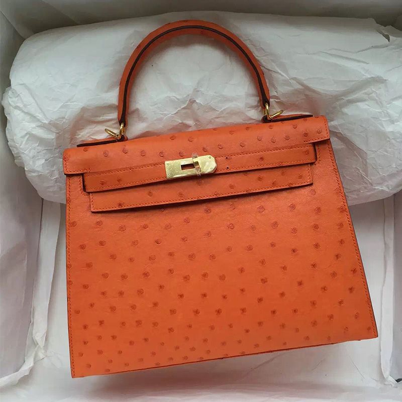 Hermes Kelly Bag Ostrich Leather Gold Hardware In Orange