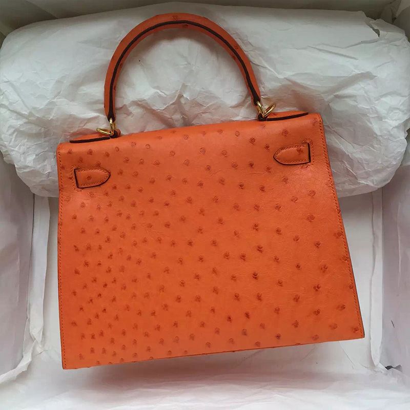 Hermes Kelly Bag Ostrich Leather Gold Hardware In Orange