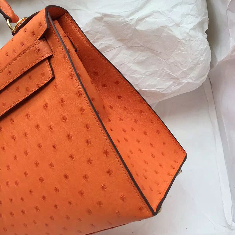 Hermes Kelly Bag Ostrich Leather Gold Hardware In Orange