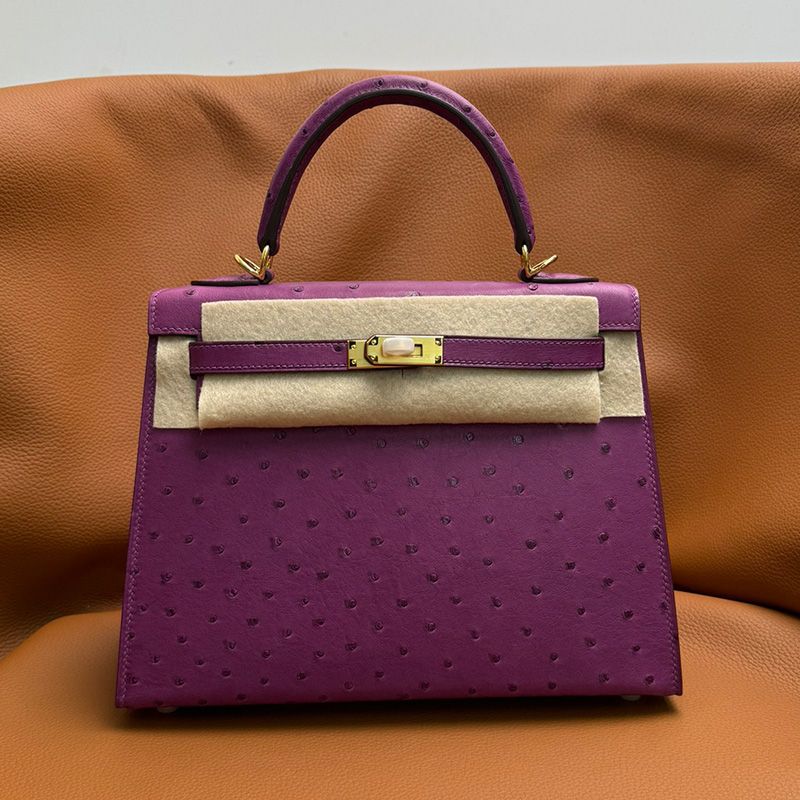 Hermes Kelly Bag Ostrich Leather Gold Hardware In Purple