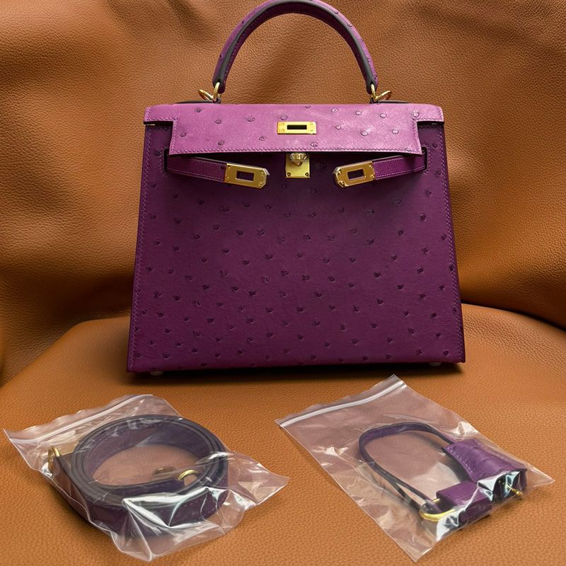 Hermes Kelly Bag Ostrich Leather Gold Hardware In Purple