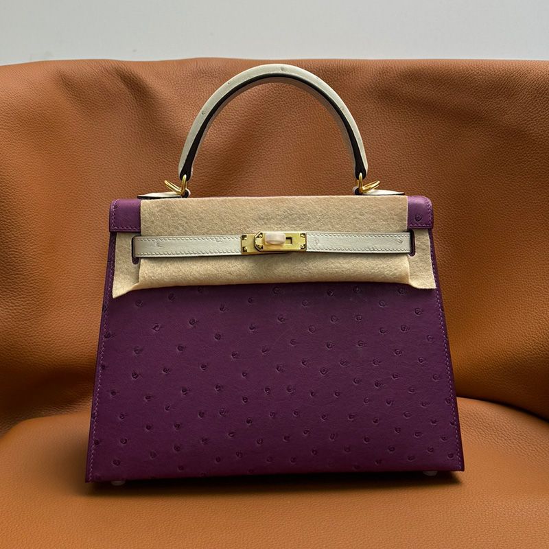 Hermes Kelly Bag Ostrich Leather Gold Hardware In Purple White