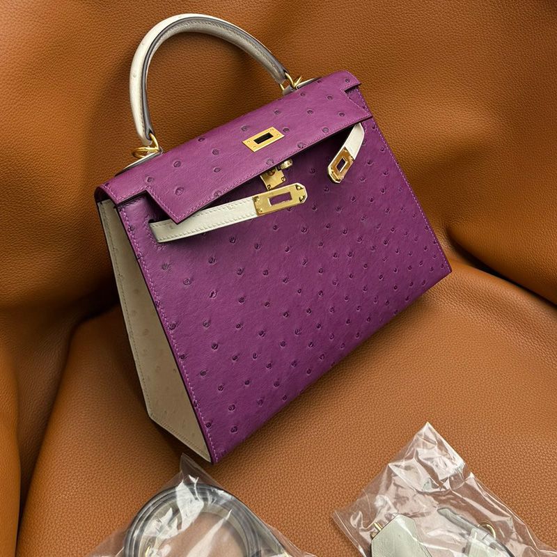 Hermes Kelly Bag Ostrich Leather Gold Hardware In Purple White