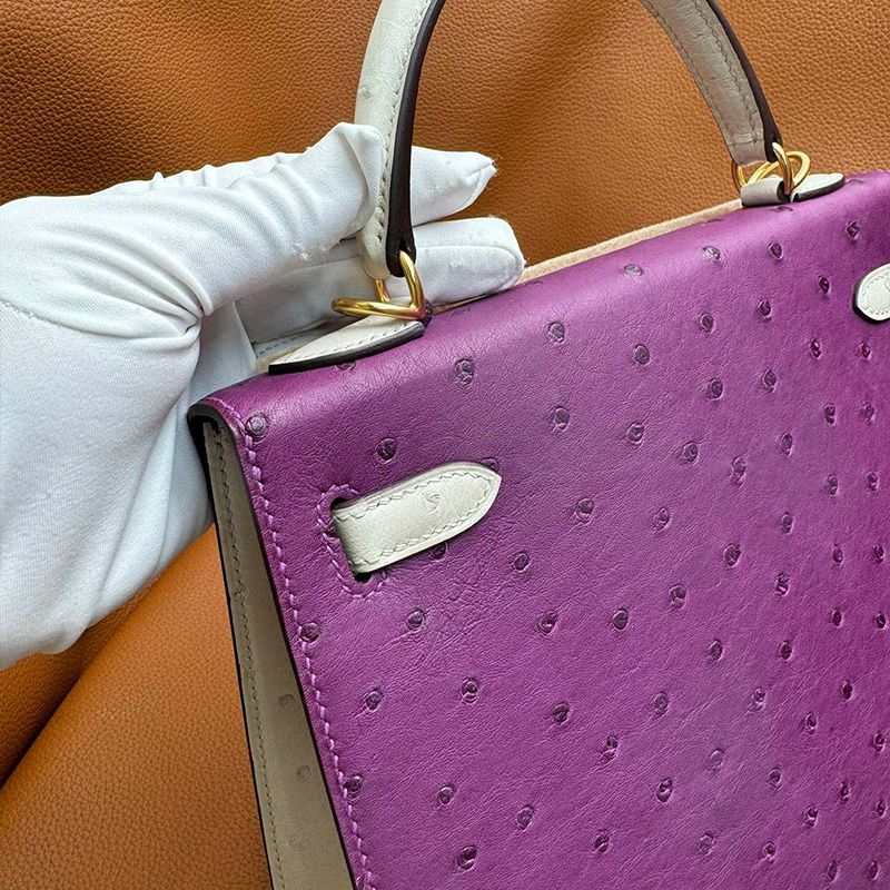 Hermes Kelly Bag Ostrich Leather Gold Hardware In Purple White