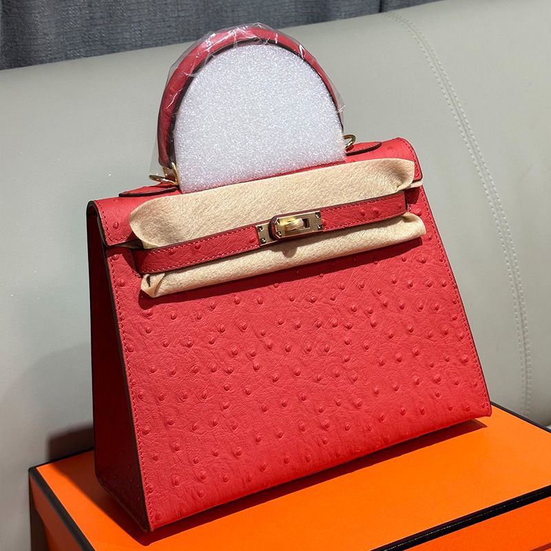 Hermes Kelly Bag Ostrich Leather Gold Hardware In Red