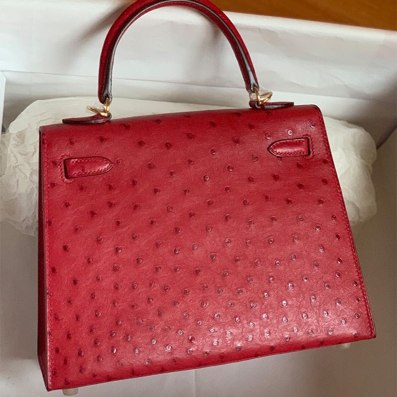 Hermes Kelly Bag Ostrich Leather Gold Hardware In Red