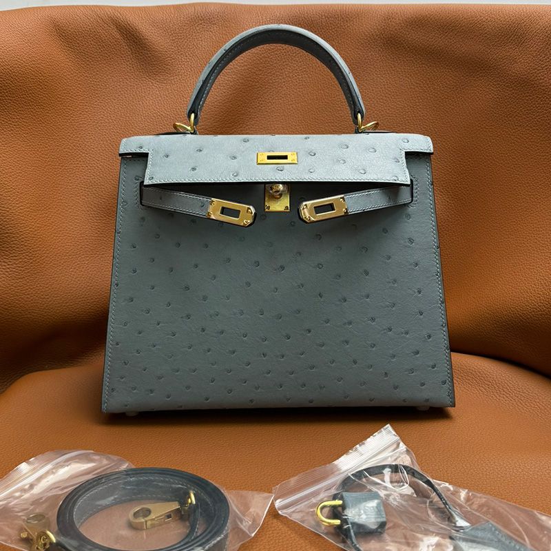 Hermes Kelly Bag Ostrich Leather Gold Hardware In Sky Blue