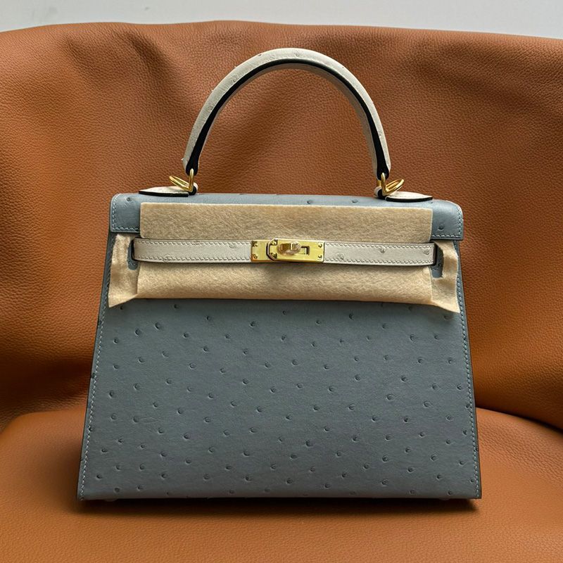 Hermes Kelly Bag Ostrich Leather Gold Hardware In Sky Blue White