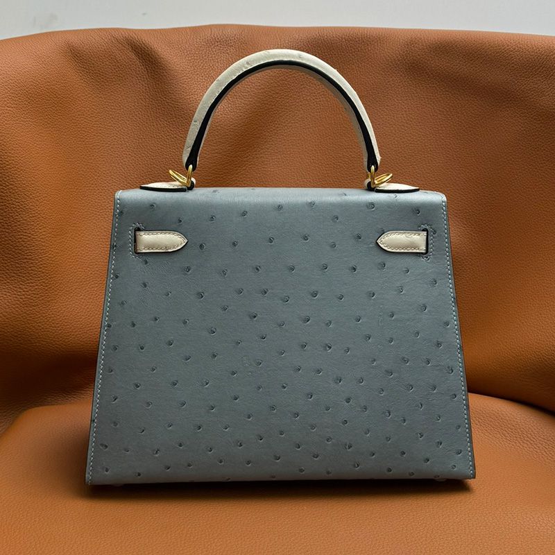 Hermes Kelly Bag Ostrich Leather Gold Hardware In Sky Blue White