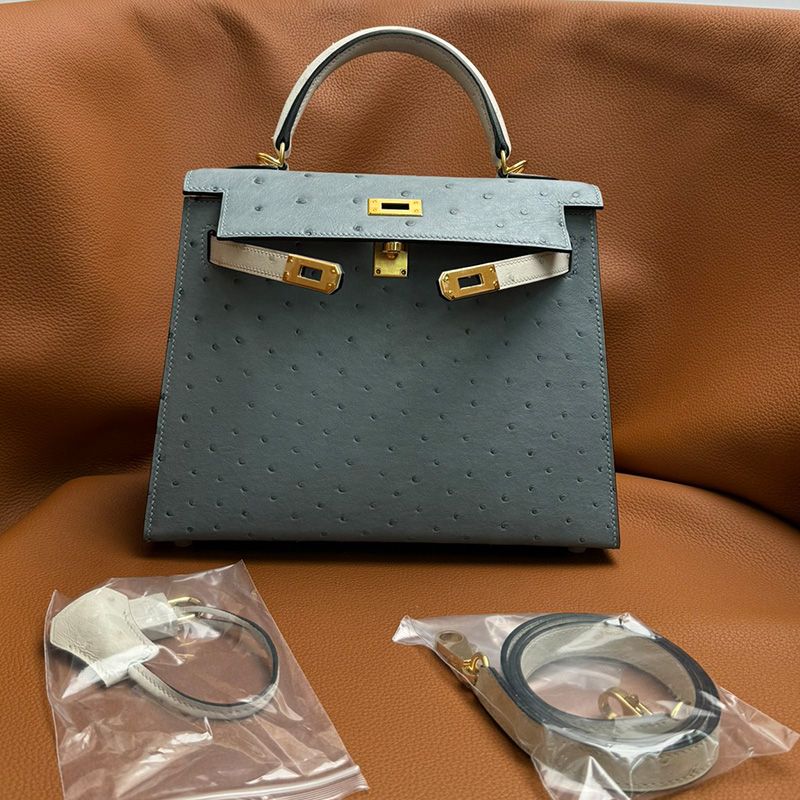 Hermes Kelly Bag Ostrich Leather Gold Hardware In Sky Blue White