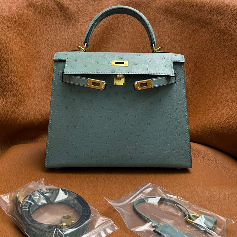 Hermes Kelly Bag Ostrich Leather Gold Hardware In Teal