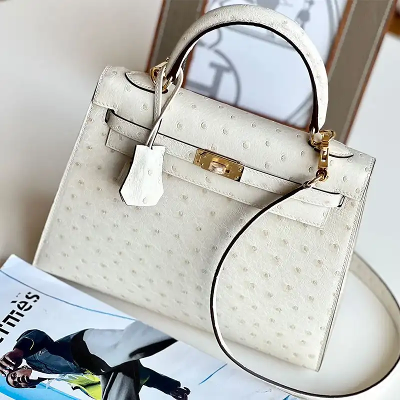 Hermes Kelly Bag Ostrich Leather Gold Hardware In White