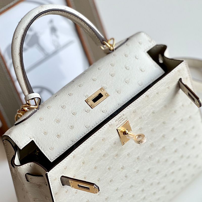 Hermes Kelly Bag Ostrich Leather Gold Hardware In White