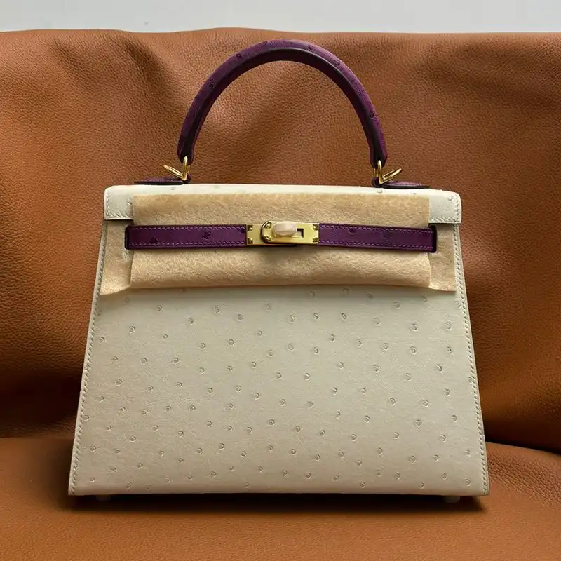 Hermes Kelly Bag Ostrich Leather Gold Hardware In White Purple