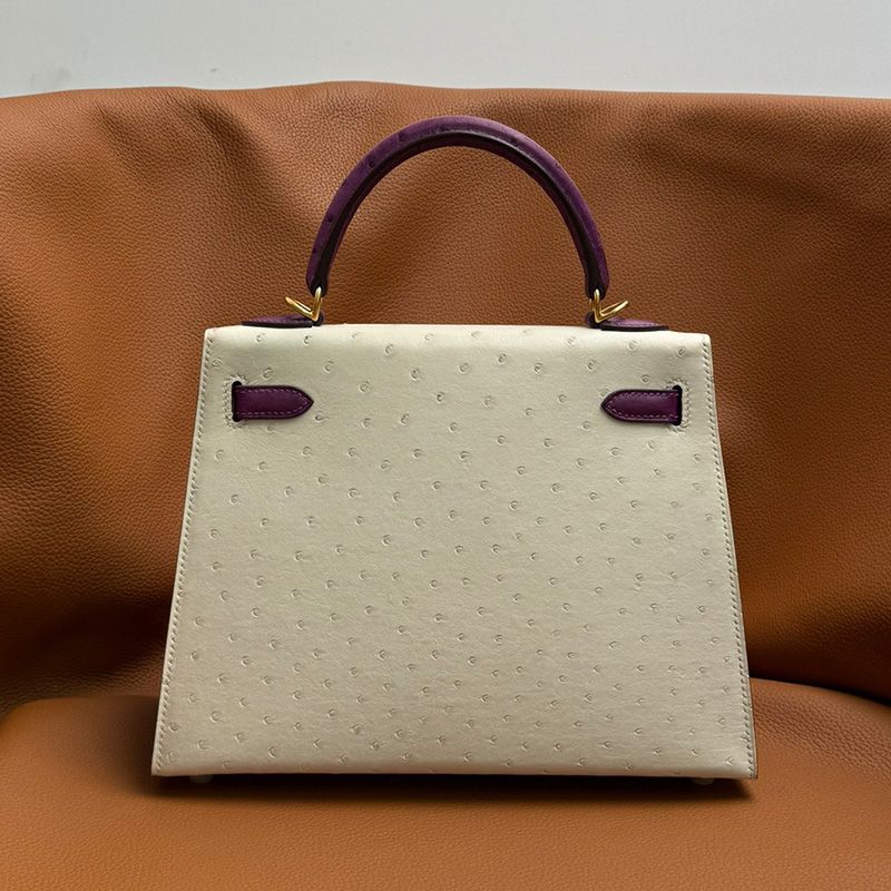 Hermes Kelly Bag Ostrich Leather Gold Hardware In White Purple