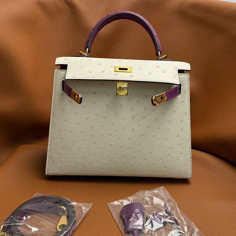 Hermes Kelly Bag Ostrich Leather Gold Hardware In White Purple