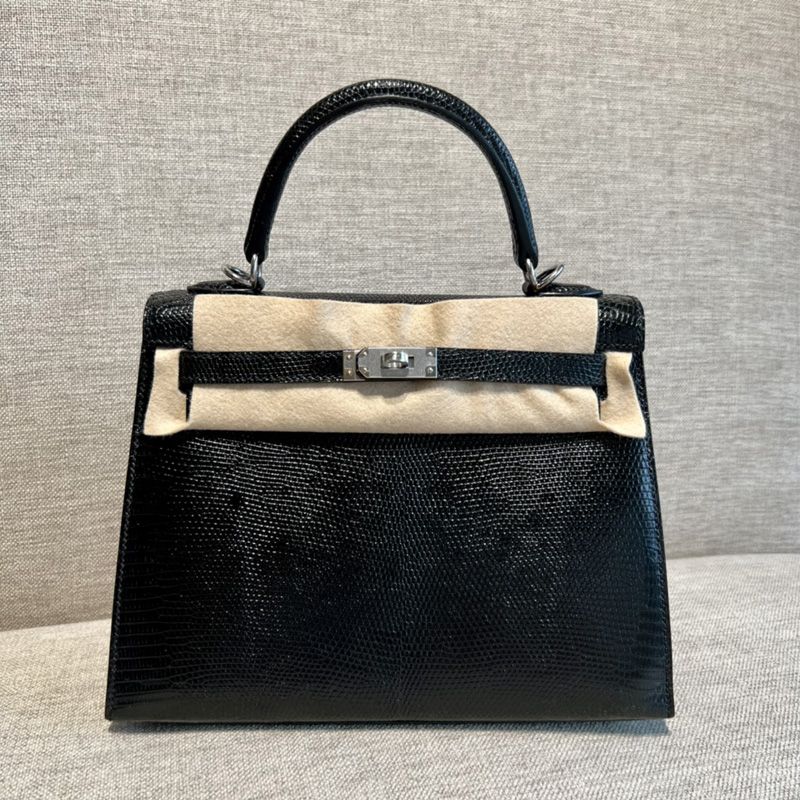 Hermes Kelly Bag Lizard Leather Palladium Hardware In Black