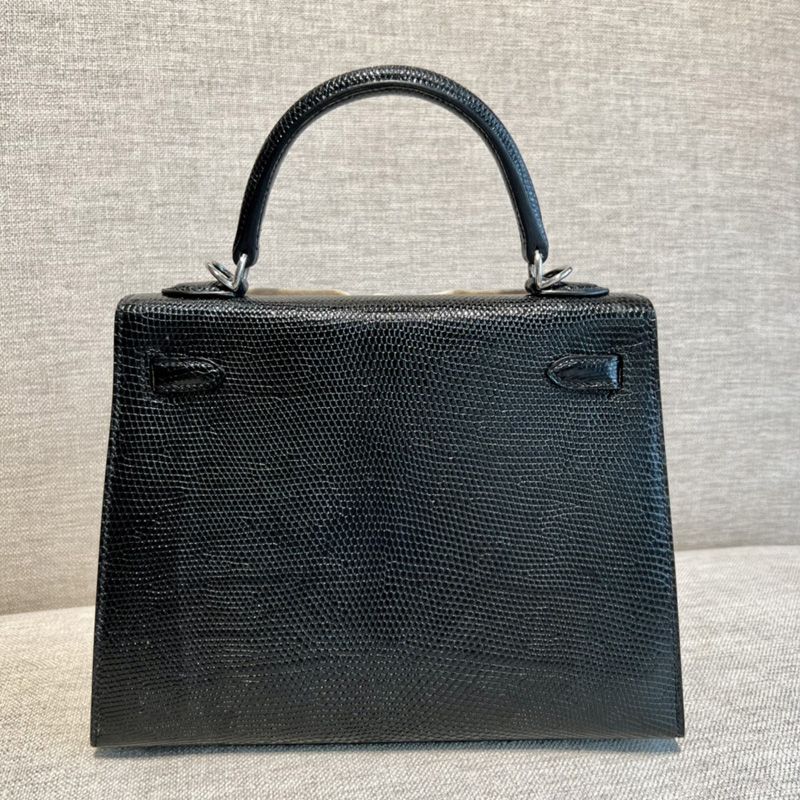 Hermes Kelly Bag Lizard Leather Palladium Hardware In Black