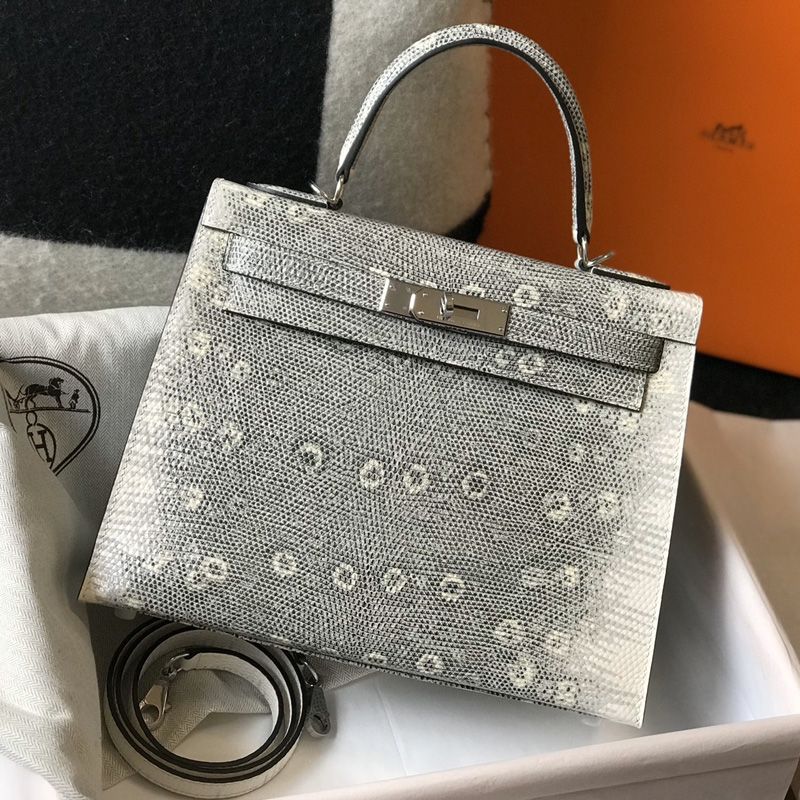 Hermes Kelly Bag Lizard Leather Palladium Hardware In White Grey