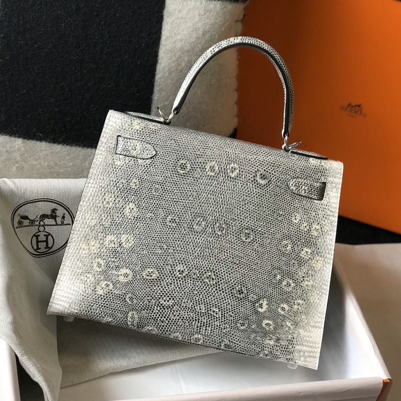 Hermes Kelly Bag Lizard Leather Palladium Hardware In White Grey