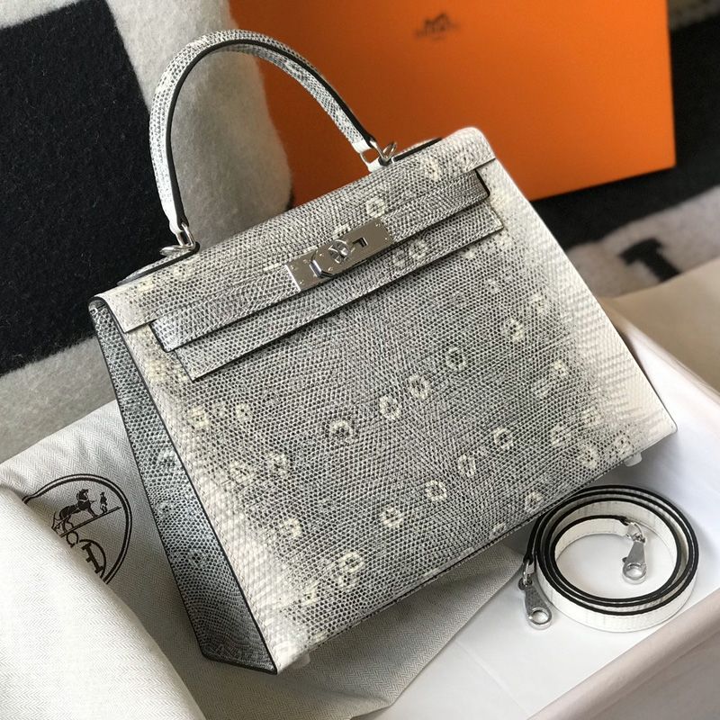 Hermes Kelly Bag Lizard Leather Palladium Hardware In White Grey