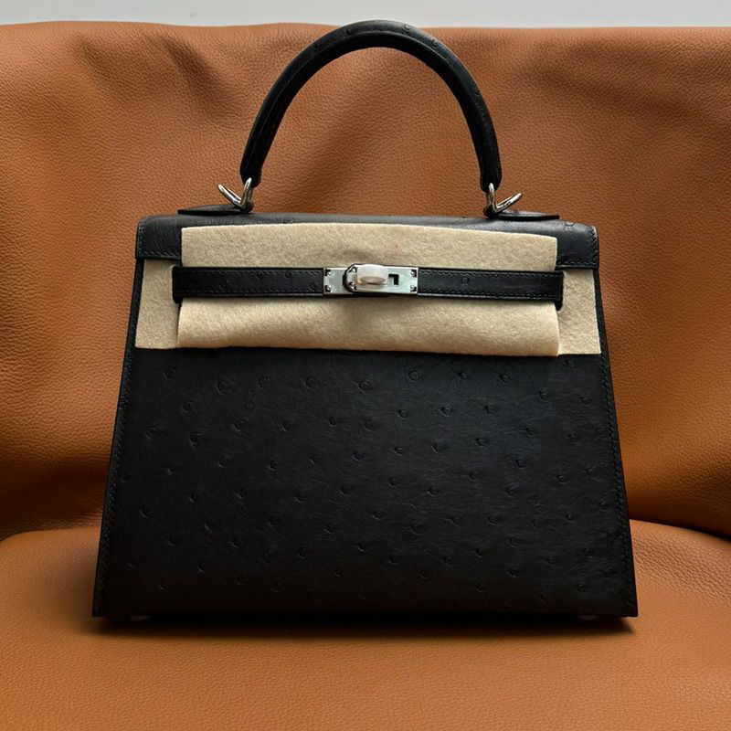 Hermes Kelly Bag Ostrich Leather Palladium Hardware In Black