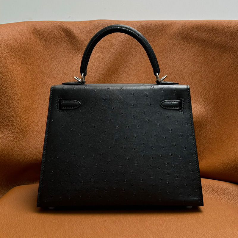 Hermes Kelly Bag Ostrich Leather Palladium Hardware In Black