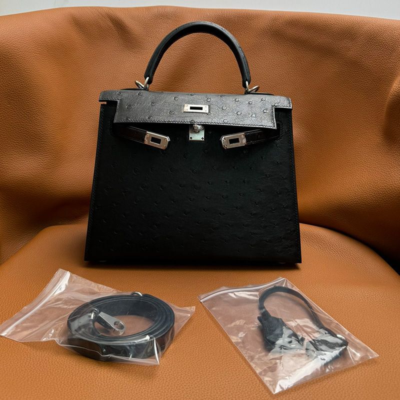 Hermes Kelly Bag Ostrich Leather Palladium Hardware In Black