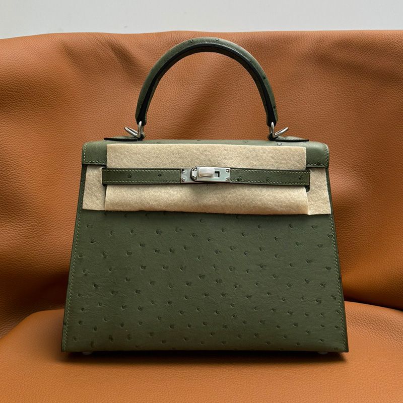 Hermes Kelly Bag Ostrich Leather Palladium Hardware In Olive