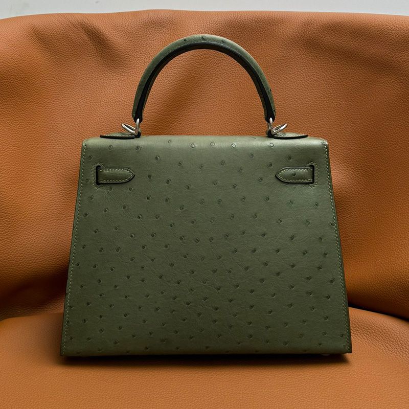 Hermes Kelly Bag Ostrich Leather Palladium Hardware In Olive