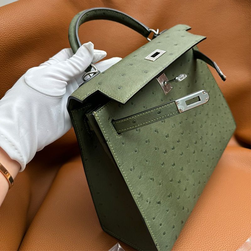 Hermes Kelly Bag Ostrich Leather Palladium Hardware In Olive