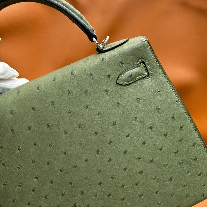 Hermes Kelly Bag Ostrich Leather Palladium Hardware In Olive