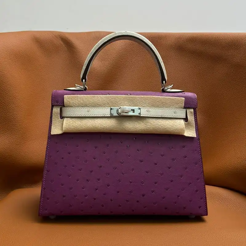 Hermes Kelly Bag Ostrich Leather Palladium Hardware In Purple White