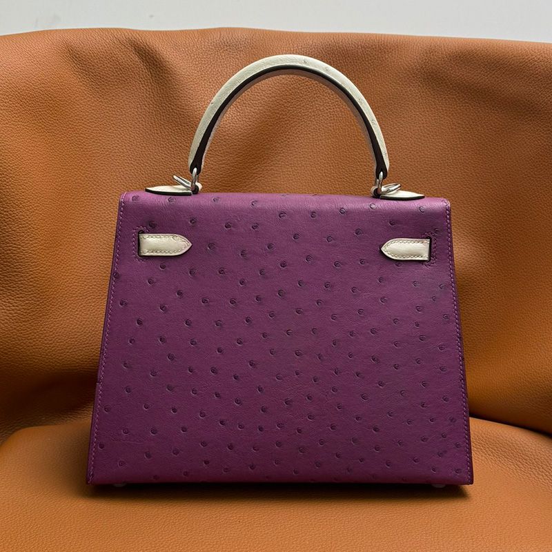 Hermes Kelly Bag Ostrich Leather Palladium Hardware In Purple White