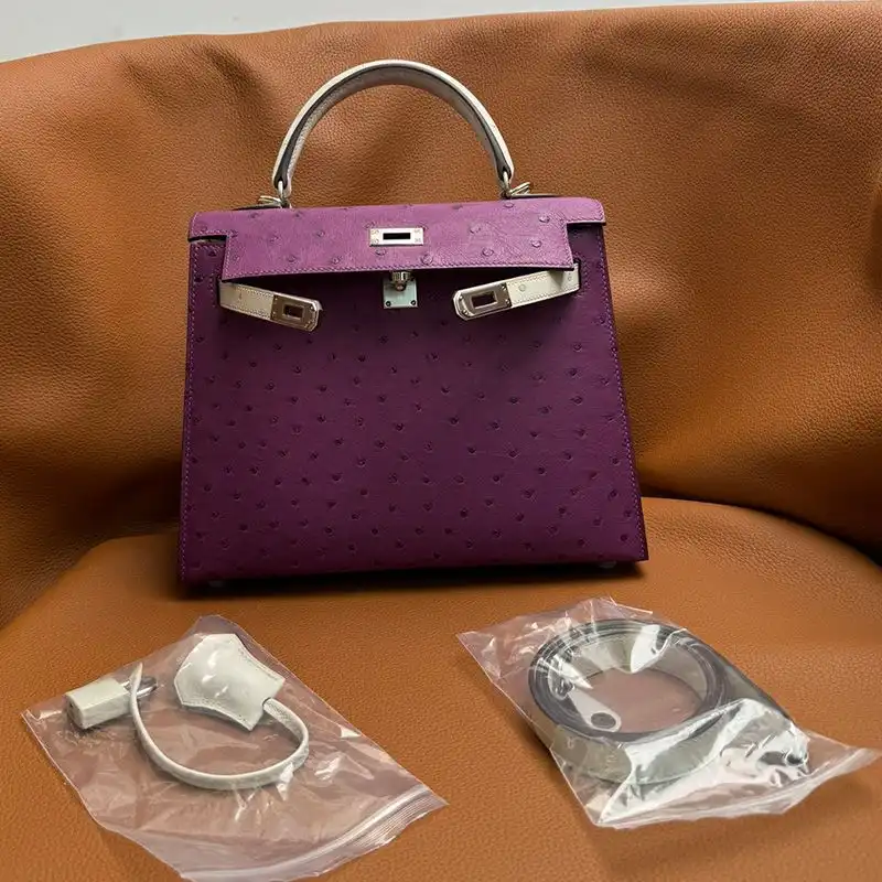 Affordable Hermes Kelly Bag Ostrich Leather Palladium Hardware In Purple White