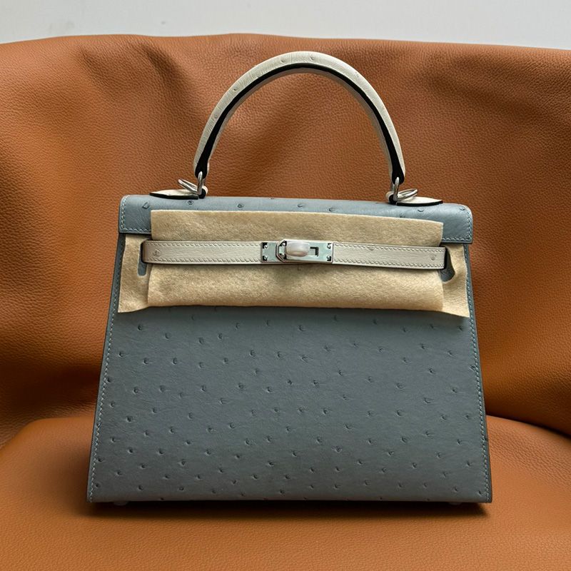 Hermes Kelly Bag Ostrich Leather Palladium Hardware In Sky Blue White