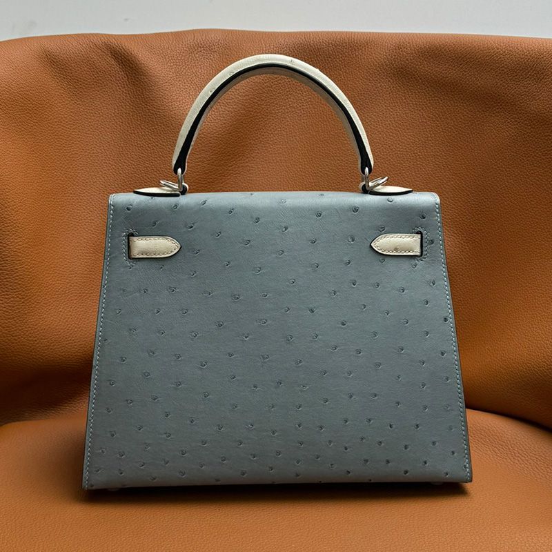 Hermes Kelly Bag Ostrich Leather Palladium Hardware In Sky Blue White