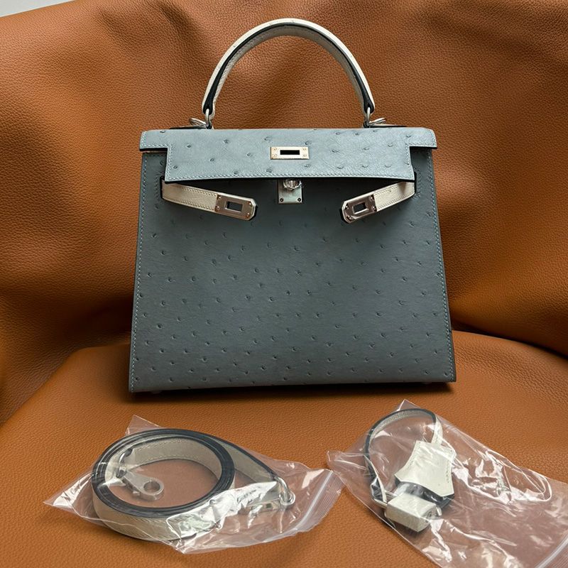 Hermes Kelly Bag Ostrich Leather Palladium Hardware In Sky Blue White