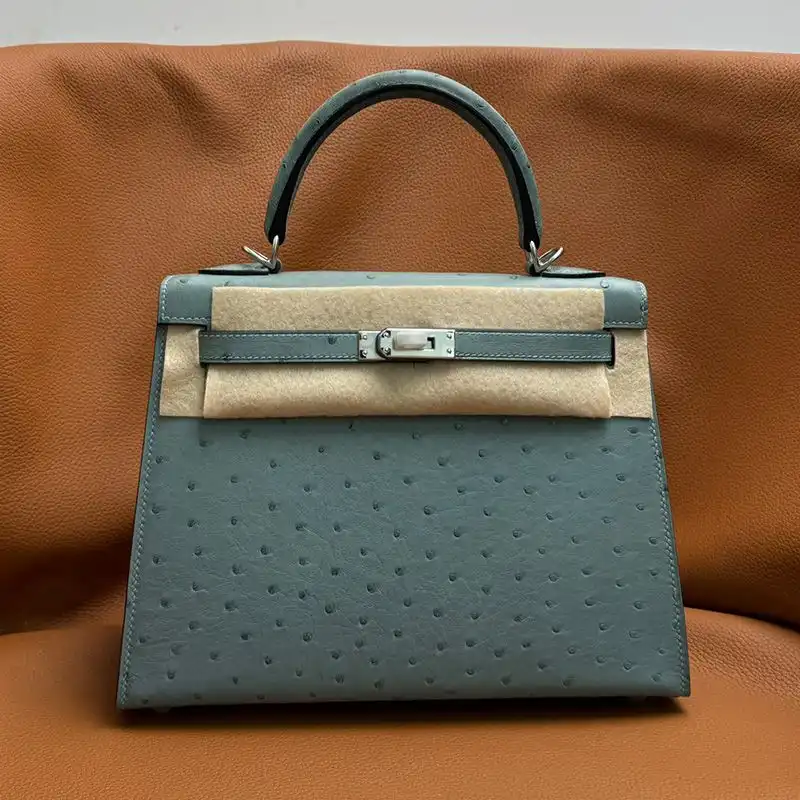 Hermes Kelly Bag Ostrich Leather Palladium Hardware In Teal